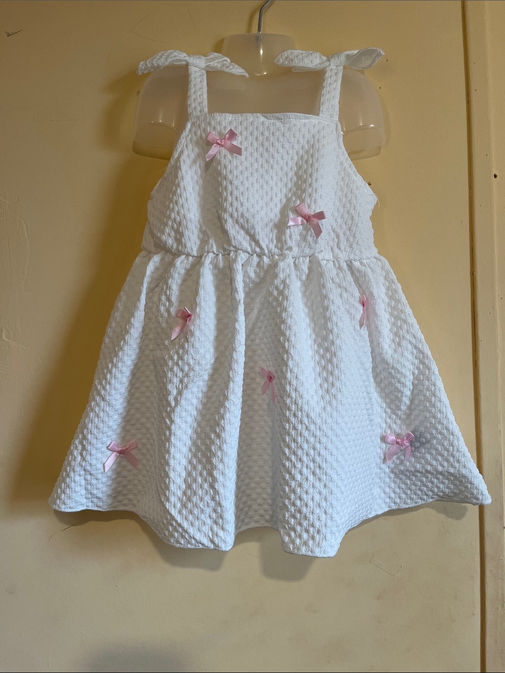 White Textured Sundress with Pink Bows